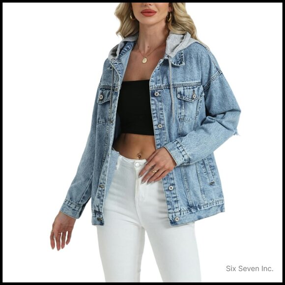 Oversized Distressed Denim Jacket With Detachable Hood Y2K Retro Boyfriend Style